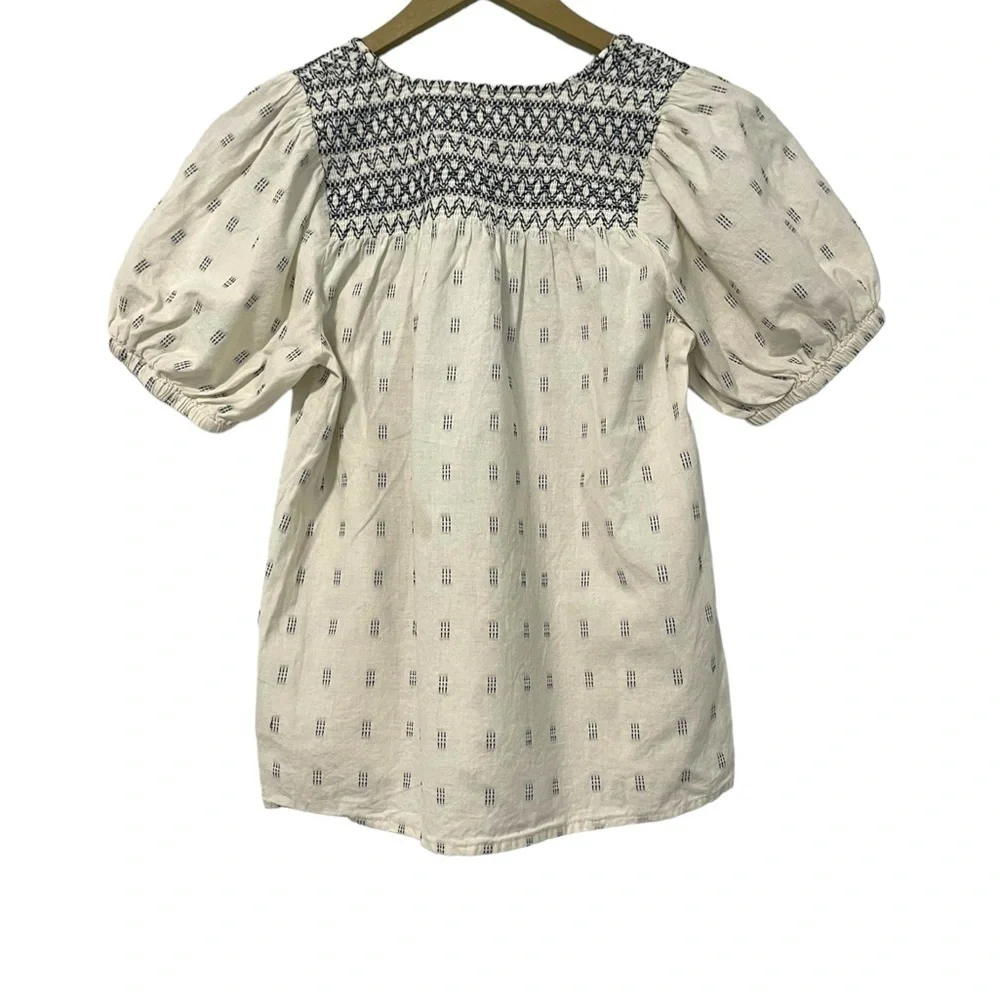 Madewell White Blue Embroidered Clipdot Puff Sleeve Yoke Top Size XS